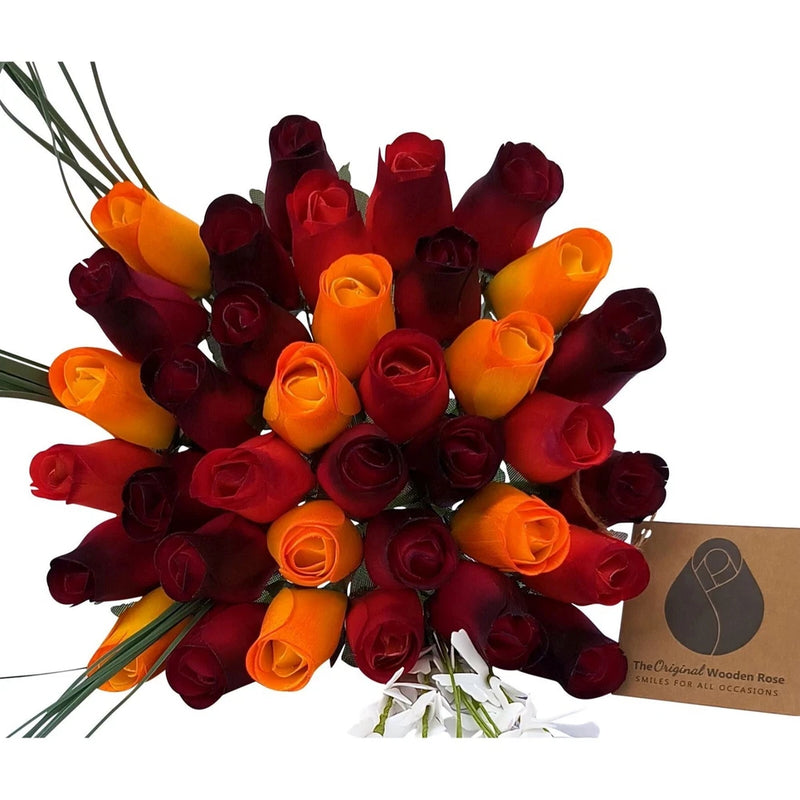 Wooden rose flower bouquet with dark red and orange blooms, green stems