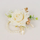 WHITE 2 SILK ROSES 4" Wrist Corsages with Pearls Wedding Flowers Party Bouquets Bouquet