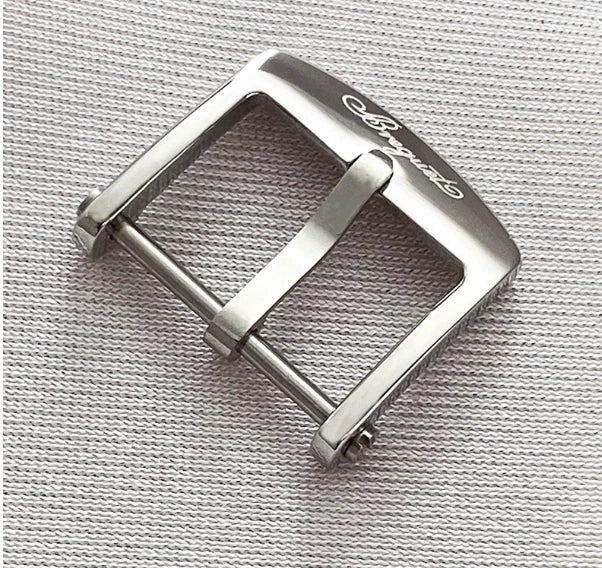 Stainless steel screw-style watch buckle with pin bars and engraved logo