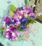 Wedding Silk Flower Hand Tied Bouquet  Garden Style Purple Pink Hydrangeas 12x8 Bouquet