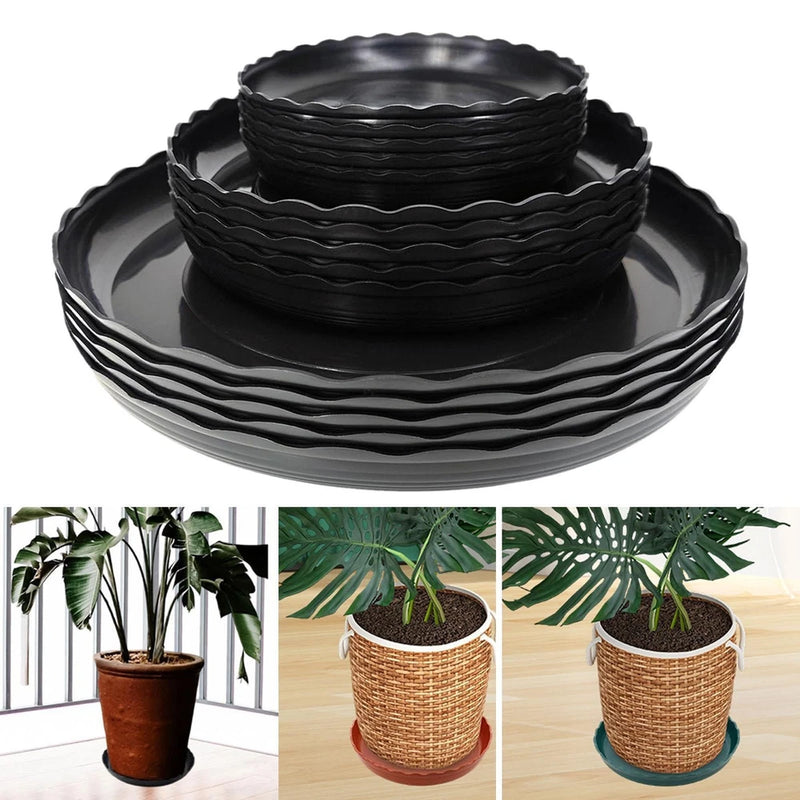 Round black plant saucer trays with wavy rim, shown stacked