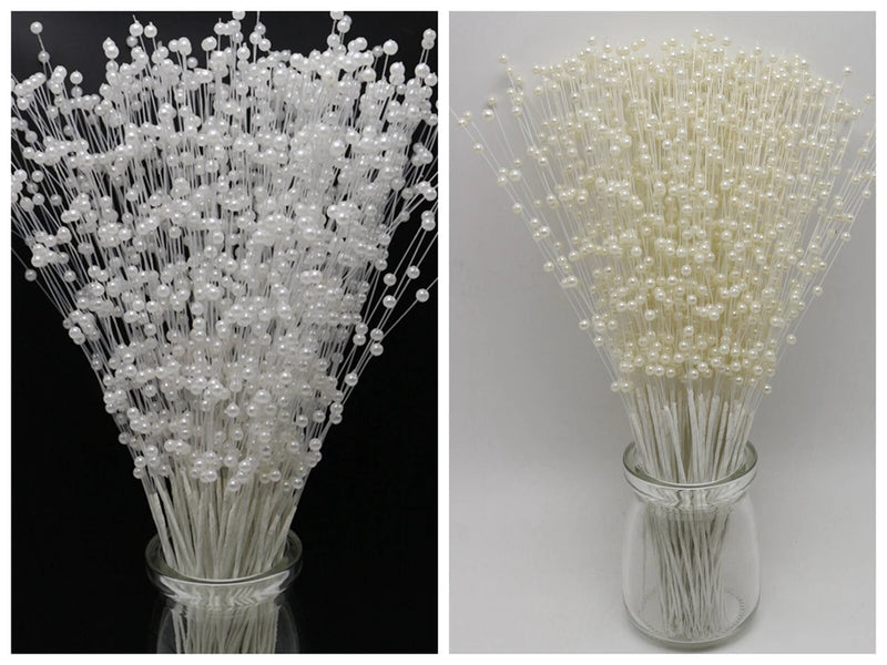 Ivory pearl flower stem bead spray bunch with beaded garland on thin stems