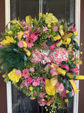 Front Door Wreath, Tea Time Wreath,Spring Wreath,Pink and Green,Flowers Hydrangea