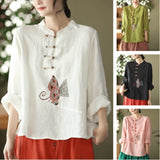 Ethnic Women Embroidery Cotton Linen T-shirts Casual Tops Blouse Retro Chinese Roses