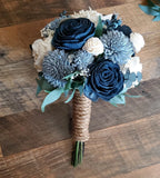 Dusty Blue Navy Sola Wood Bridal Bouquet Artificial Wedding Flowers Bridesmaid Bouquet