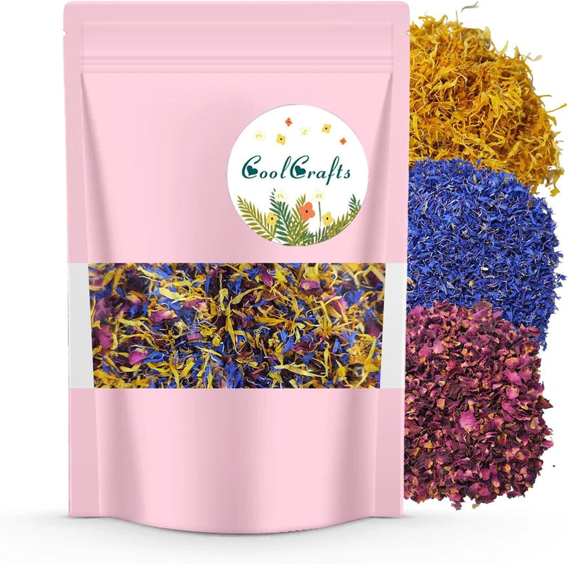 Mixed dried flower petals in 1 oz pouch, yellow, blue, purple, and pink petals