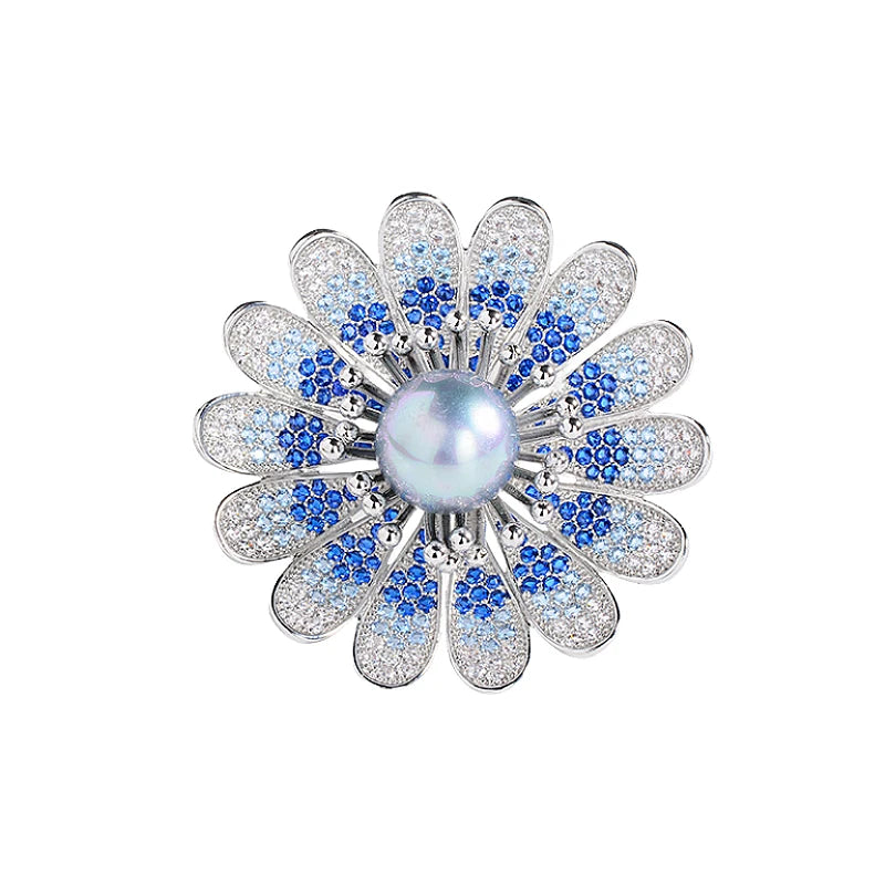 Women's White Gold Plated Blue Cubic Zirconia CZ Sunflower Brooch Pin Sunflower