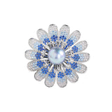 Women's White Gold Plated Blue Cubic Zirconia CZ Sunflower Brooch Pin Sunflower