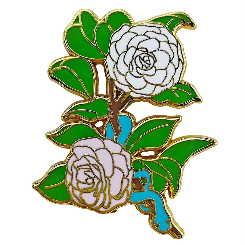 Peony enamel lapel pin with white flower faces, green leaves, and gold outlines