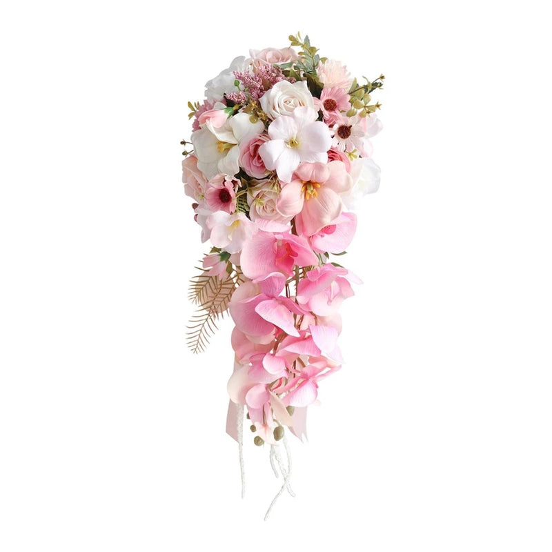 Pink and white waterfall wedding bouquet with roses and mixed small flowers