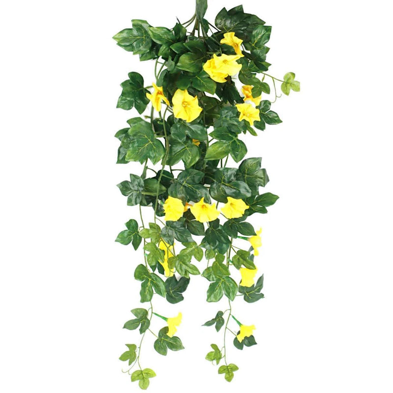 Artificial hanging vine garland with green leaves and yellow morning glory flowers