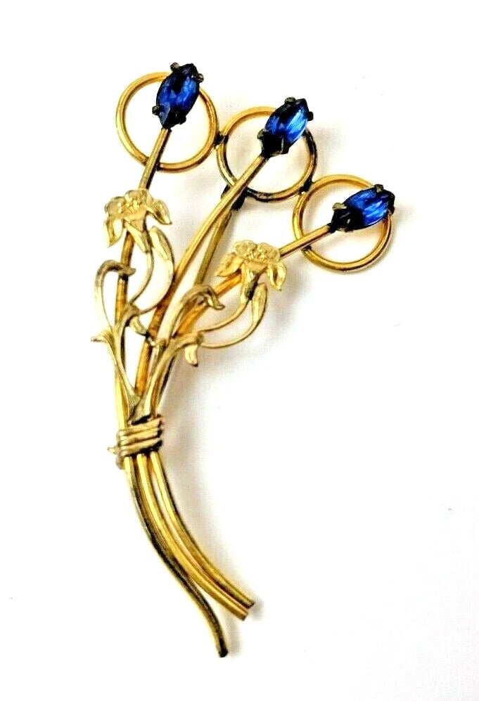 Lovely Gold Filled LILY or ORCHID Flower Blue Rhinestone Brooch High Quality Lily