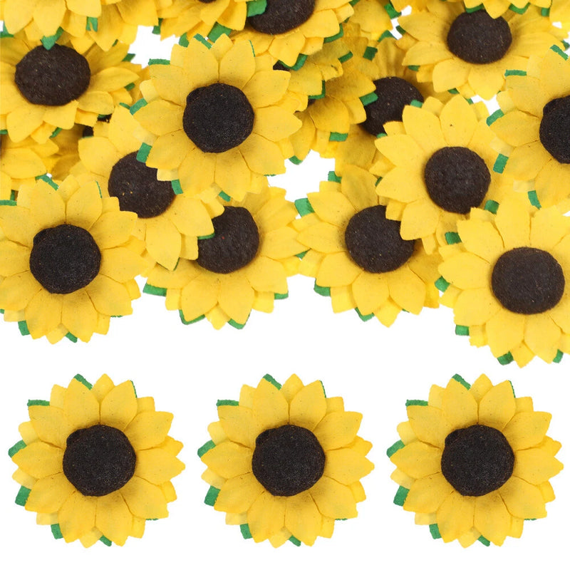 Yellow sunflower paper decor heads with dark centers, flat round petals, set of 100