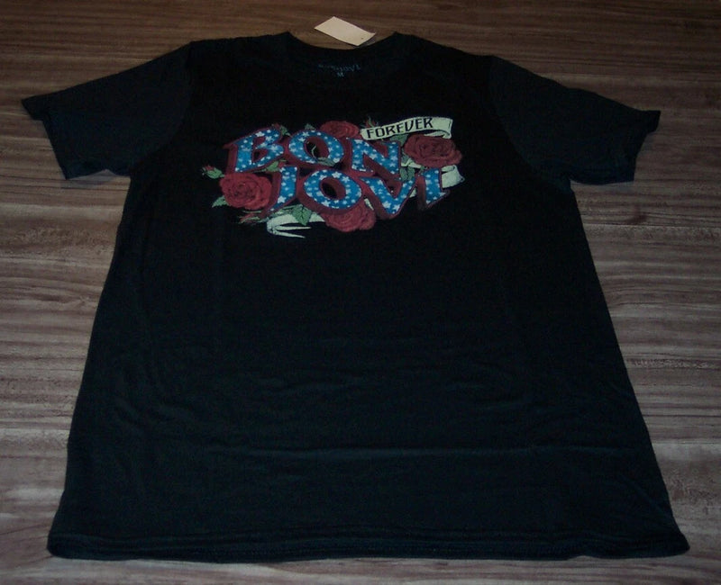 Black women's Bon Jovi T-shirt with colorful rose graphic and 'Forever' text
