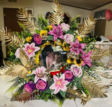 Artificial Flower Arrangement with Lilies, Roses, Sunflowers, Gold Leaves Sunflower