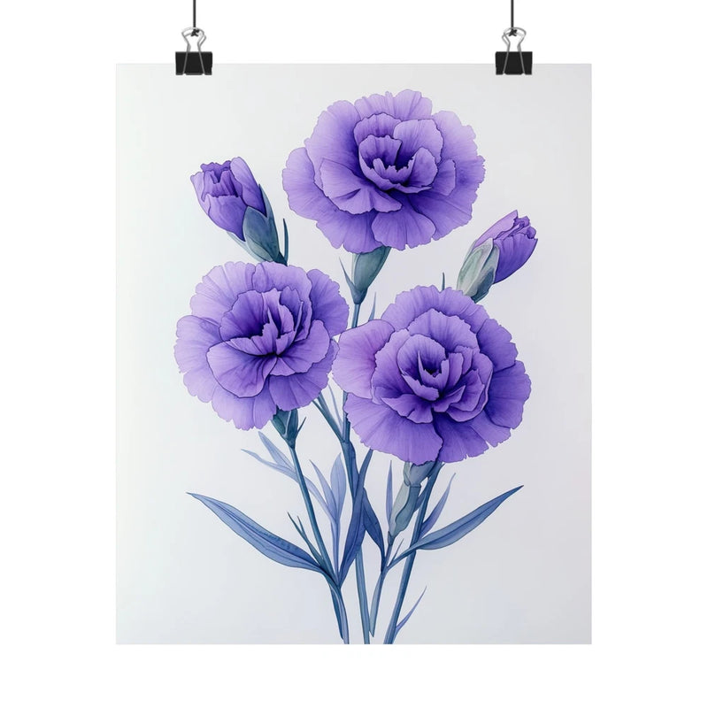 Floral art print poster with purple carnation blooms and blue-green stems