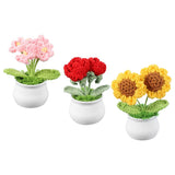 3 Pcs Crochet Flowers Potted Rose Sunflower Daisy Knitted, Red/Yellow/Pink Sunflower