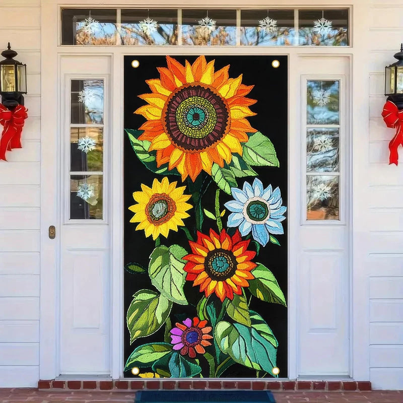 Black door cover banner with colorful sunflower and leaf artwork
