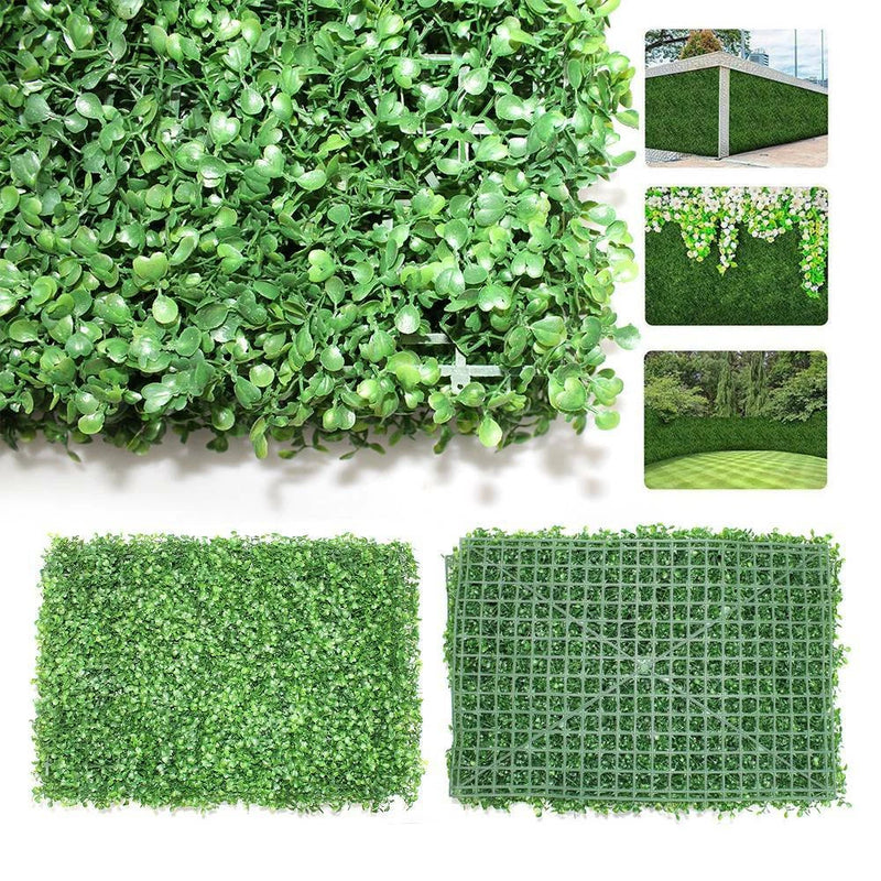Artificial hedge mat panels, green faux grass with dense small leaf tufts, square sheets