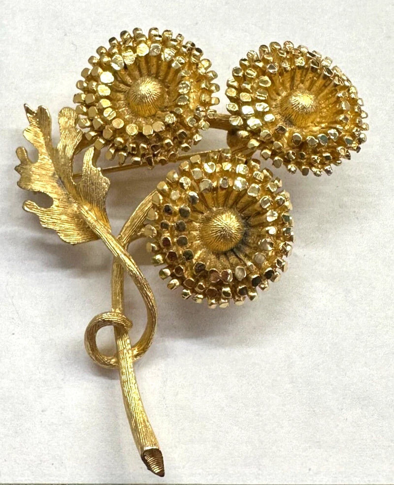 Flowers Daisies Sunflowers on Stem Rhinestone BSK Vintage Pin Brooch Gold J-308 Sunflower