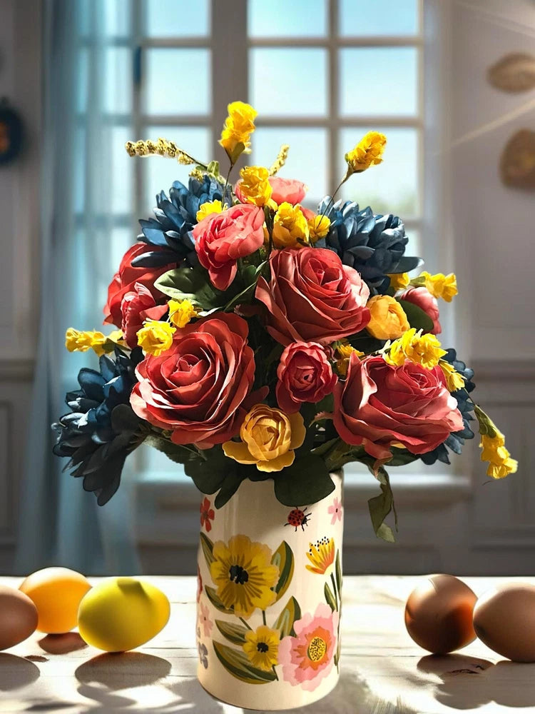 Floral bouquet in decorated white vase with red, pink, yellow, and blue flowers