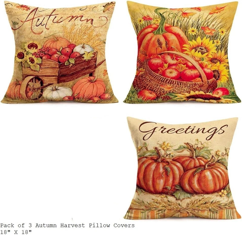 Set of 3 square fall pillow covers with wagon, sunflowers, and pumpkin “greetings” print