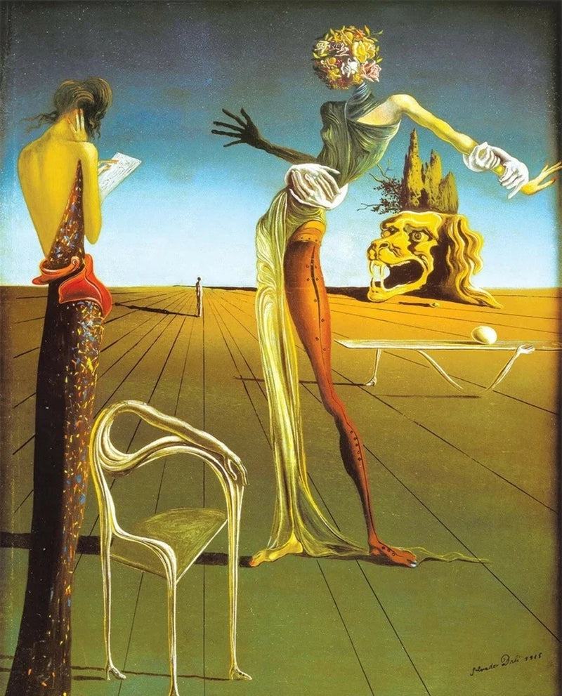 Surreal wall art print with nude figures, one with roses on her head, and a chair