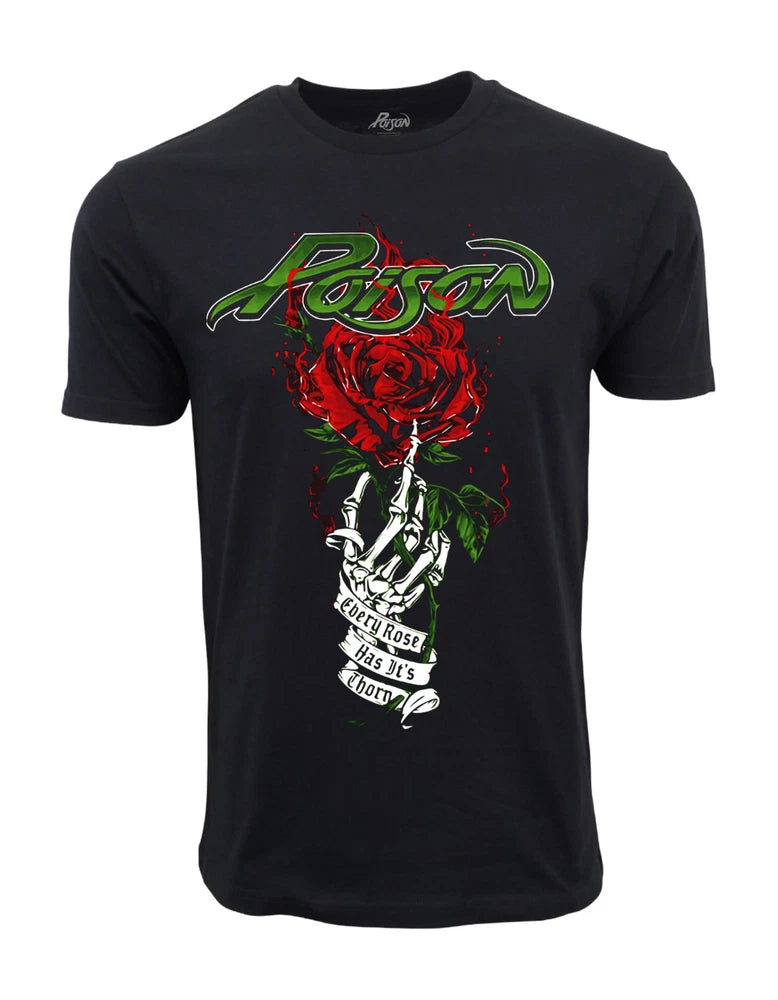 Men's black graphic T-shirt with red rose and thorn typography