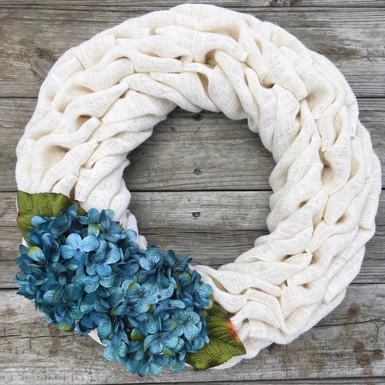 14" Handmade White Burlap Wreath with Turquoise Hydrangea Flowers Hydrangea