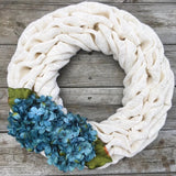 14" Handmade White Burlap Wreath with Turquoise Hydrangea Flowers Hydrangea