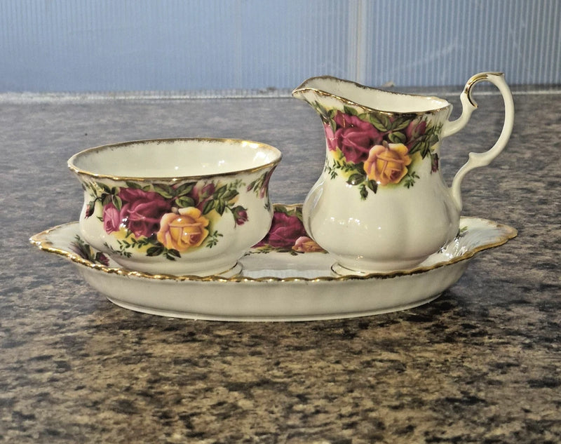 Royal Albert porcelain creamer and sugar bowl set with tray, floral rose pattern