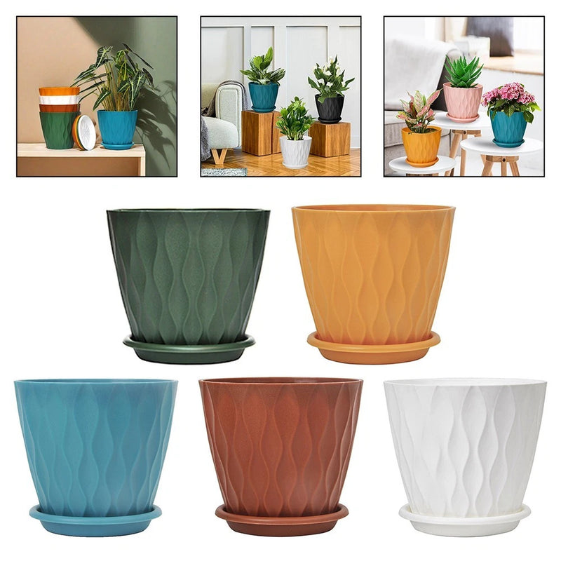 5-piece flower pot set with holders, colored pots in teal, green, orange, brown, white