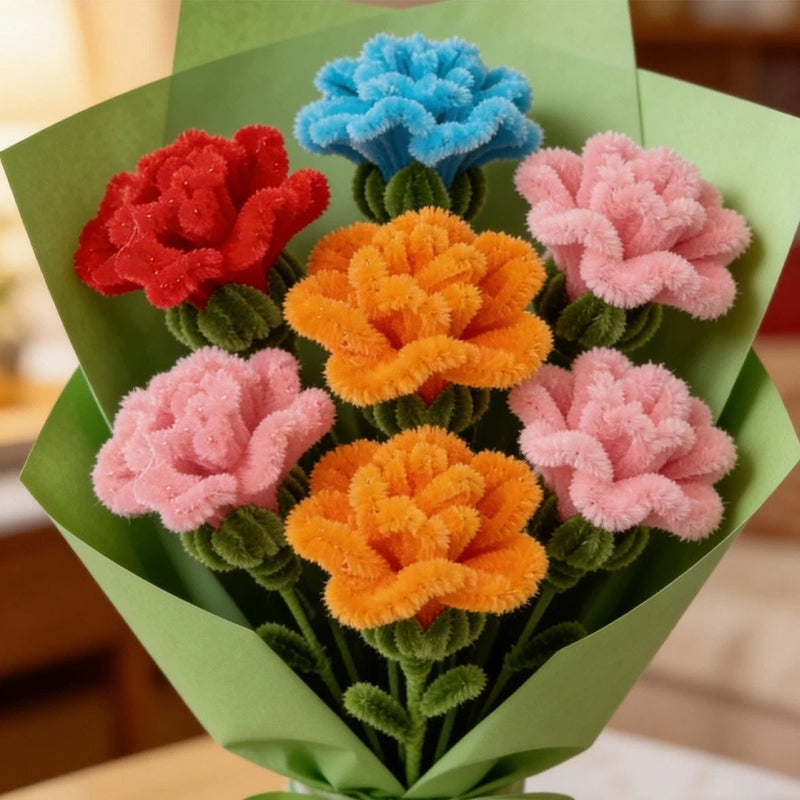 Handmade artificial wool carnation bouquet with blue, red, pink, and orange flowers