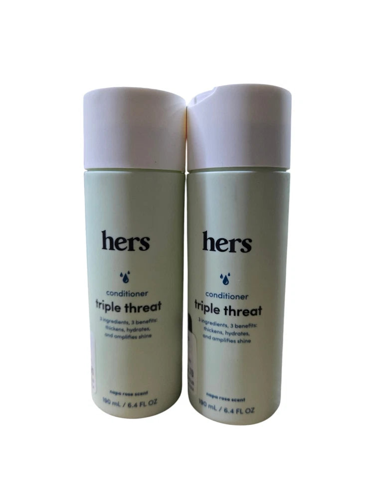 Hers triple threat conditioner bottles, light green with hers branding