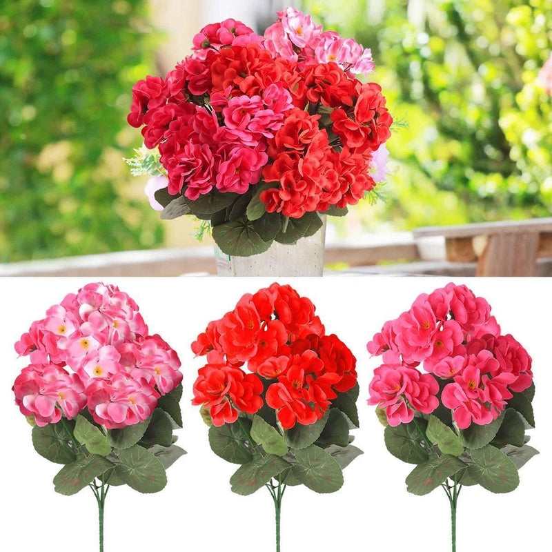 1/2/3Pcs Artificial Geraniums Silk Flower Outdoor Artificial Geranium Bush Red` Flowering Plants