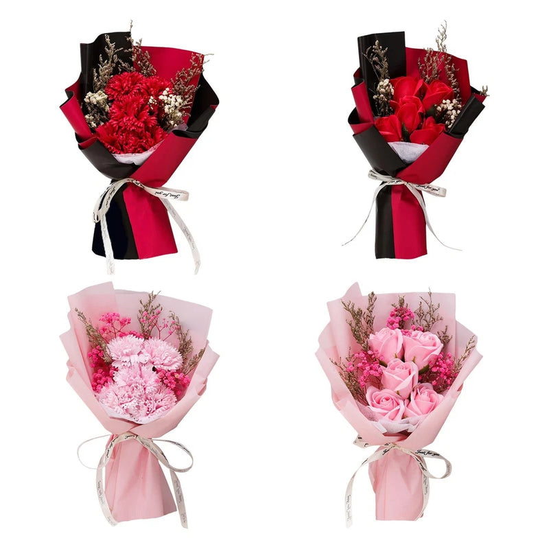 Artificial soap flower bouquet, red and pink wrapped carnation-style blooms