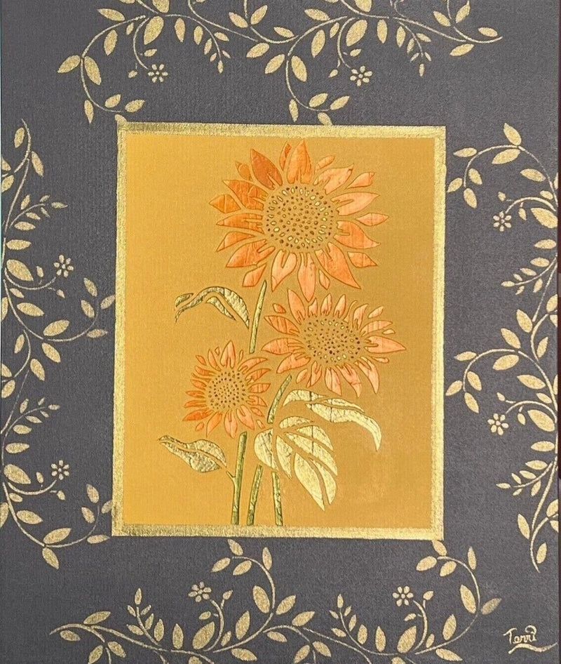 Orange sunflower floral wall art print with gold border and leafy frame