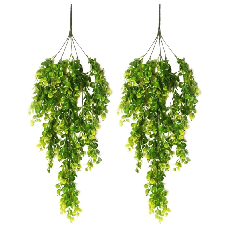 Artificial eucalyptus leaf rattan plant set, two hanging green leafy sprigs
