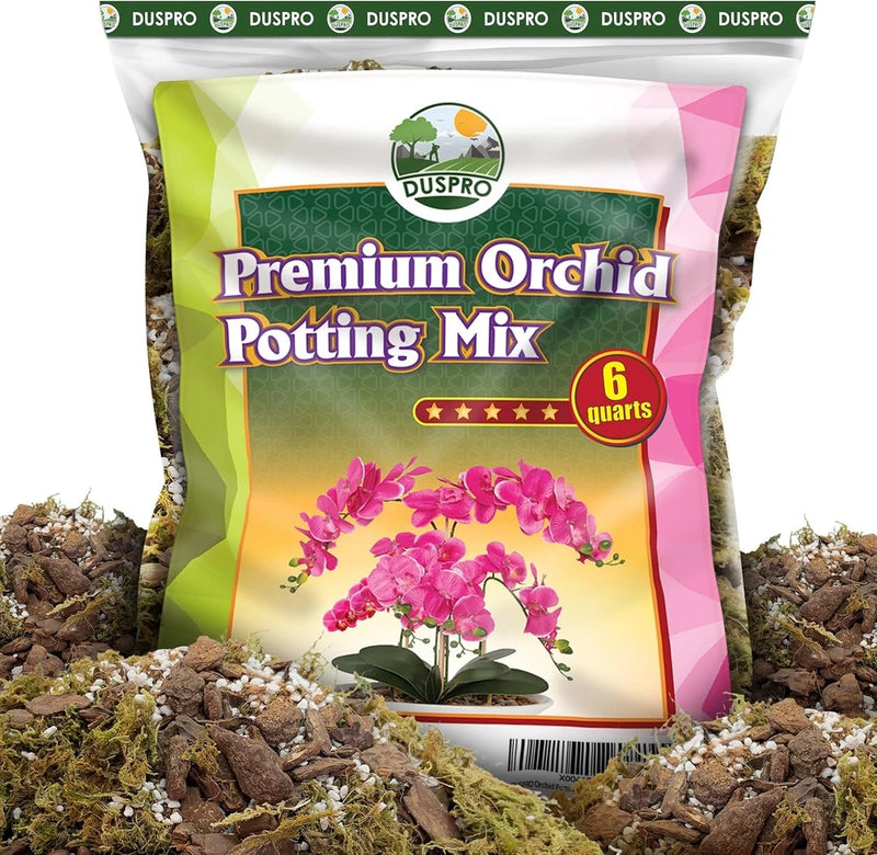 DUSPRO Premium orchid potting mix bag, 6 quarts, with bark and moss.