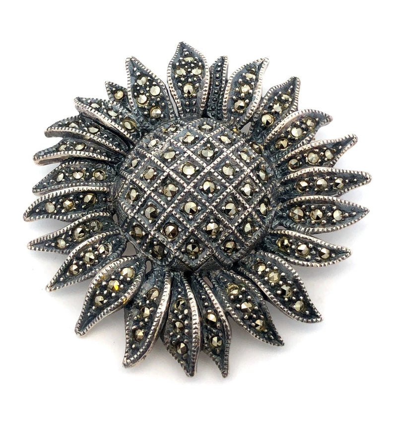Estate Designer 925 Sterling Silver Marcasite Sunflower Statement Pin Brooch Sunflower