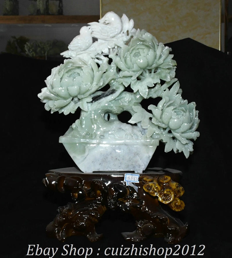 Jade-green peony bird bonsai statue with carved blossoms and textured base