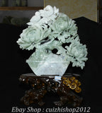 17''Old Natural Xiu Jade Peony Flower Bird Pot Potted Plants Bonsai Statue Peony