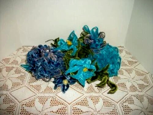 1960s Chenille Flowers Aqua Hydrangea Millinery Handmade Cottagecore Vintage LG Hydrangea