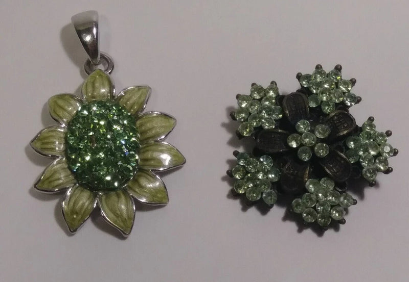 Green Enamel Sunflower Pendat & Flower Rhinestone Silver Stone  Brooch Pin Sunflower
