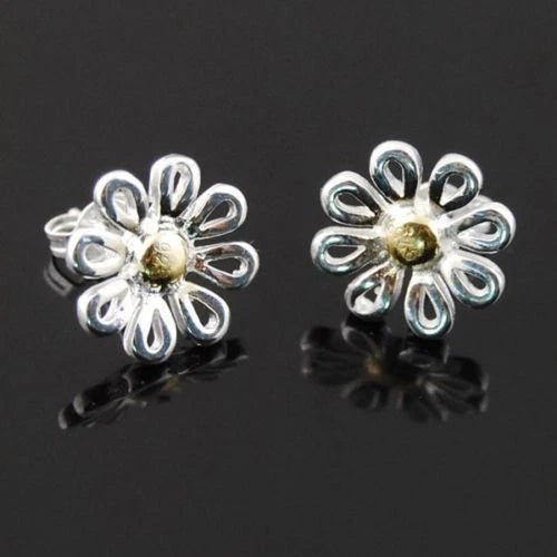 Pretty New Sterling Silver & Gold Plated 2-Tone Daisy Flower Stud Earrings Daisies