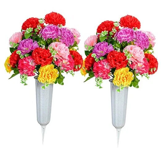 Set of 2 artificial carnation grave memorial bouquets in white vase holders, multicolor blooms