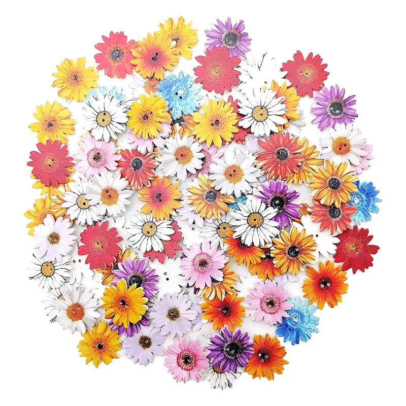100 PCS Wood Daisy Buttons Painted Flower 2 Holes Flatback Sunflower Craft Sunflower