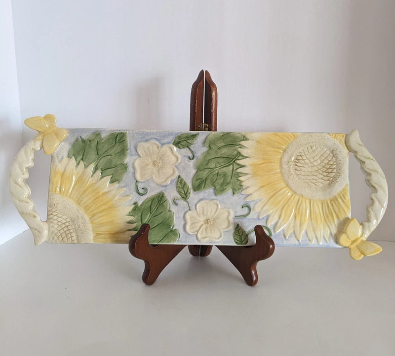 Hand-painted ceramic sunflower and butterfly rectangular trinket tray with scalloped edges