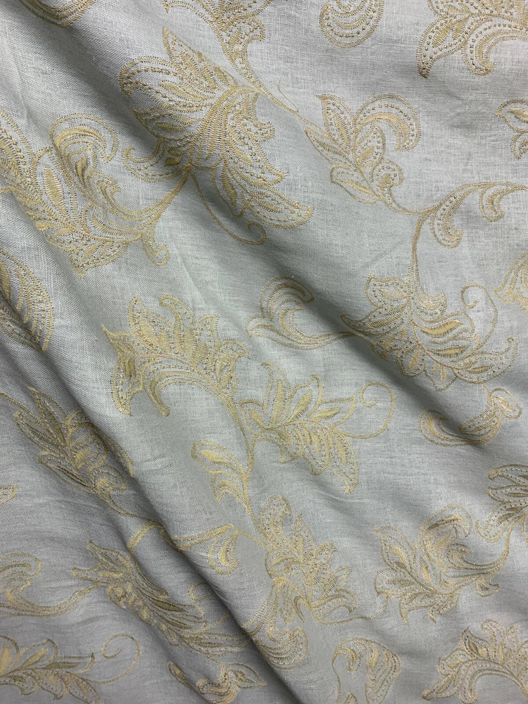 GRAY BEIGE Floral Embroidered 100% Linen Fabric (54 in.) Sold By The Yard Flowering Plants