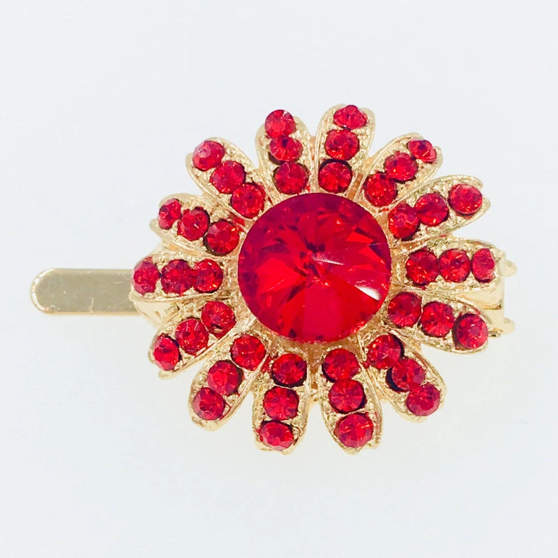 Red rhinestone sunflower hair clip with large round crystal center, gold-tone barrette